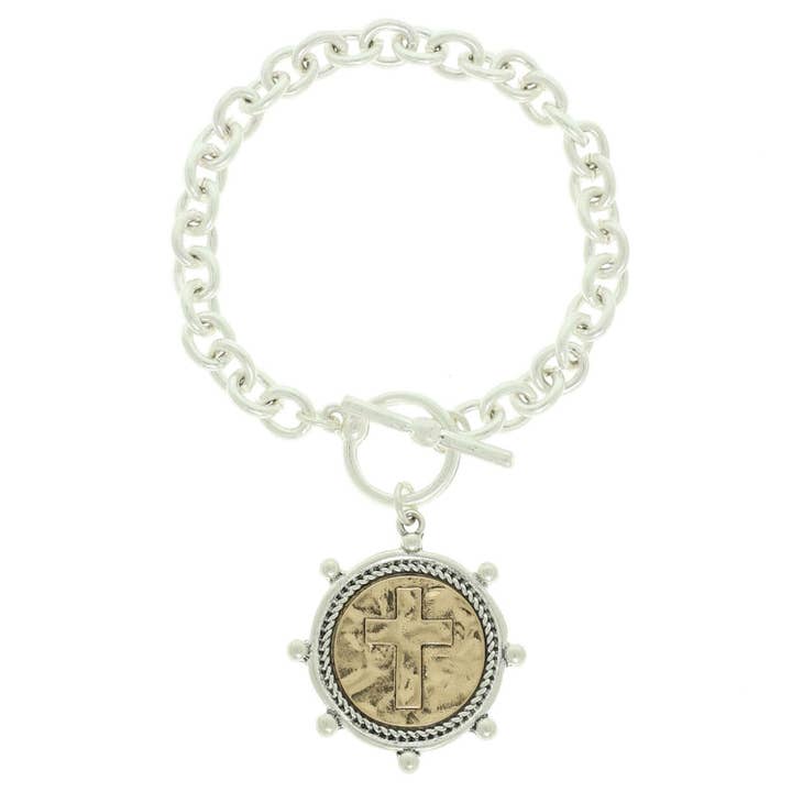 SP Sophia Collection - Wholesale Charm/Dangle Bracelet - Gold Plated Cross Medallion Link Chain Bracelet 2