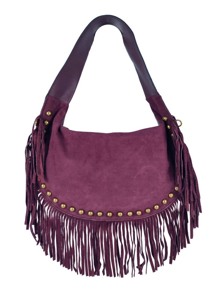 Borsa a mano in suede con frange e borchie per la vendita all'ingrosso da parte di Florence Leather