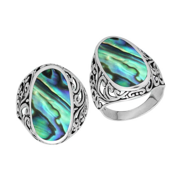 AR-1087-AB Sterling zilveren ovale abalone schelpring met Bali filigraan – Groothandel sieraden voor wholesale door Bali Designs