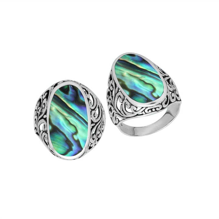 AR-1087-AB Sterling Silver Oval Abalone Shell Ring with Bali Filigree – Wholesale Jewelry for wholesale by Bali Designs