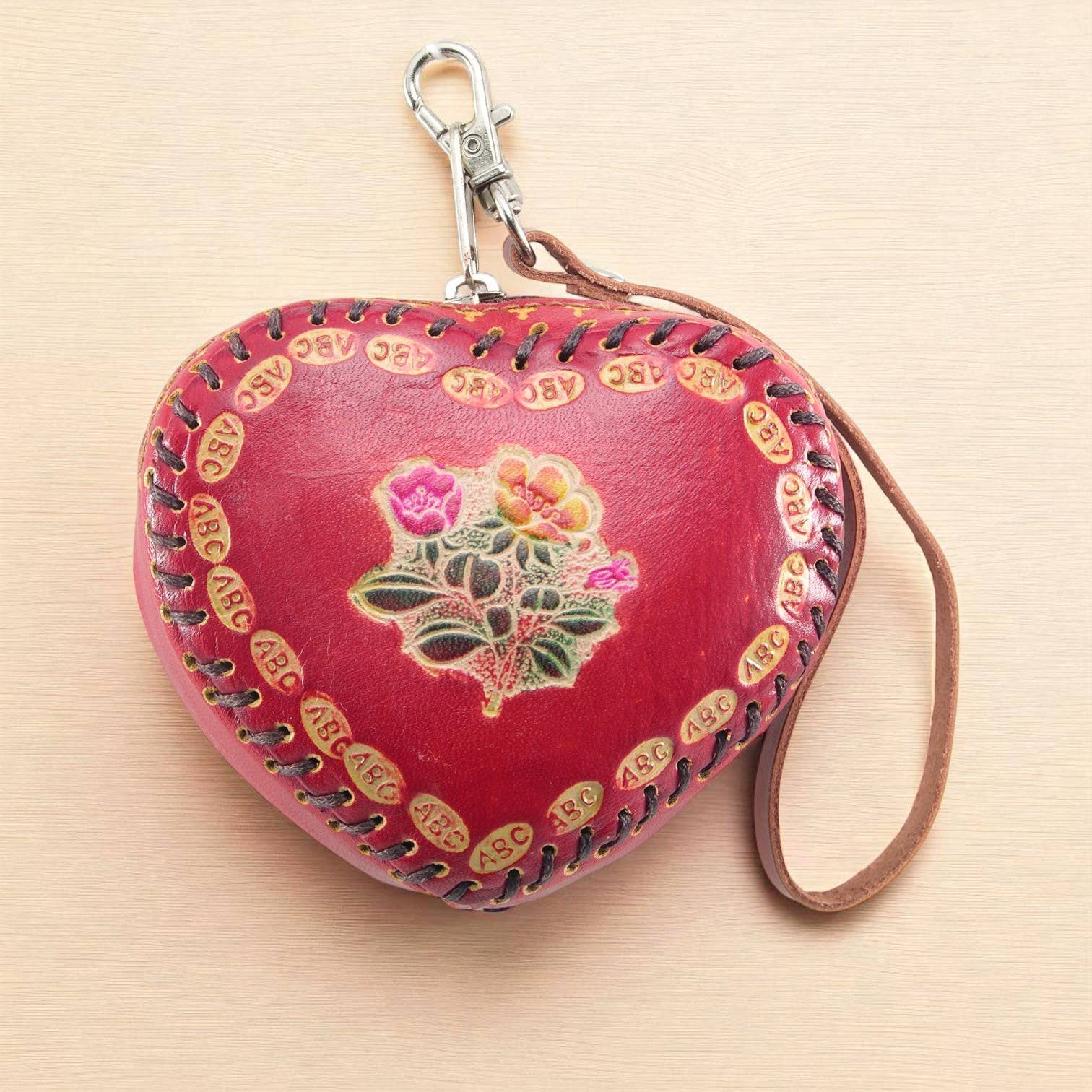 Sunflower Handmade leather inc – Großhandel Geldbörse – Damen – Handgefertigtes Leder-Herzform mit Blumendesign Münzbörse4