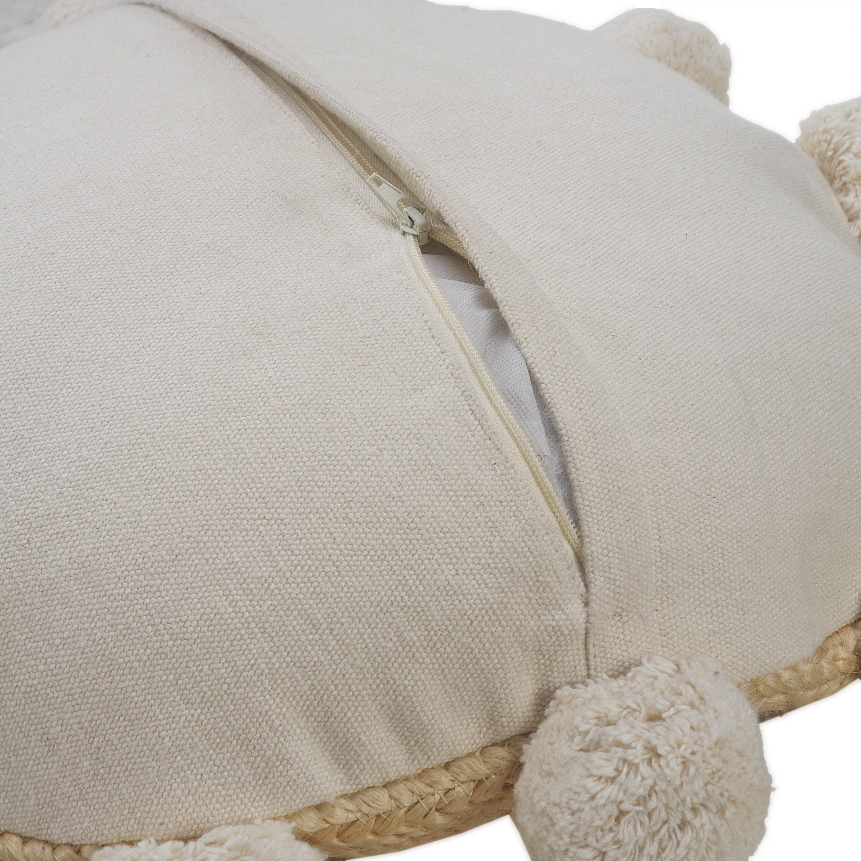 Tan Jute Accent Pillow with Pom-Pom Edging – Square or Round for wholesale on Faire9