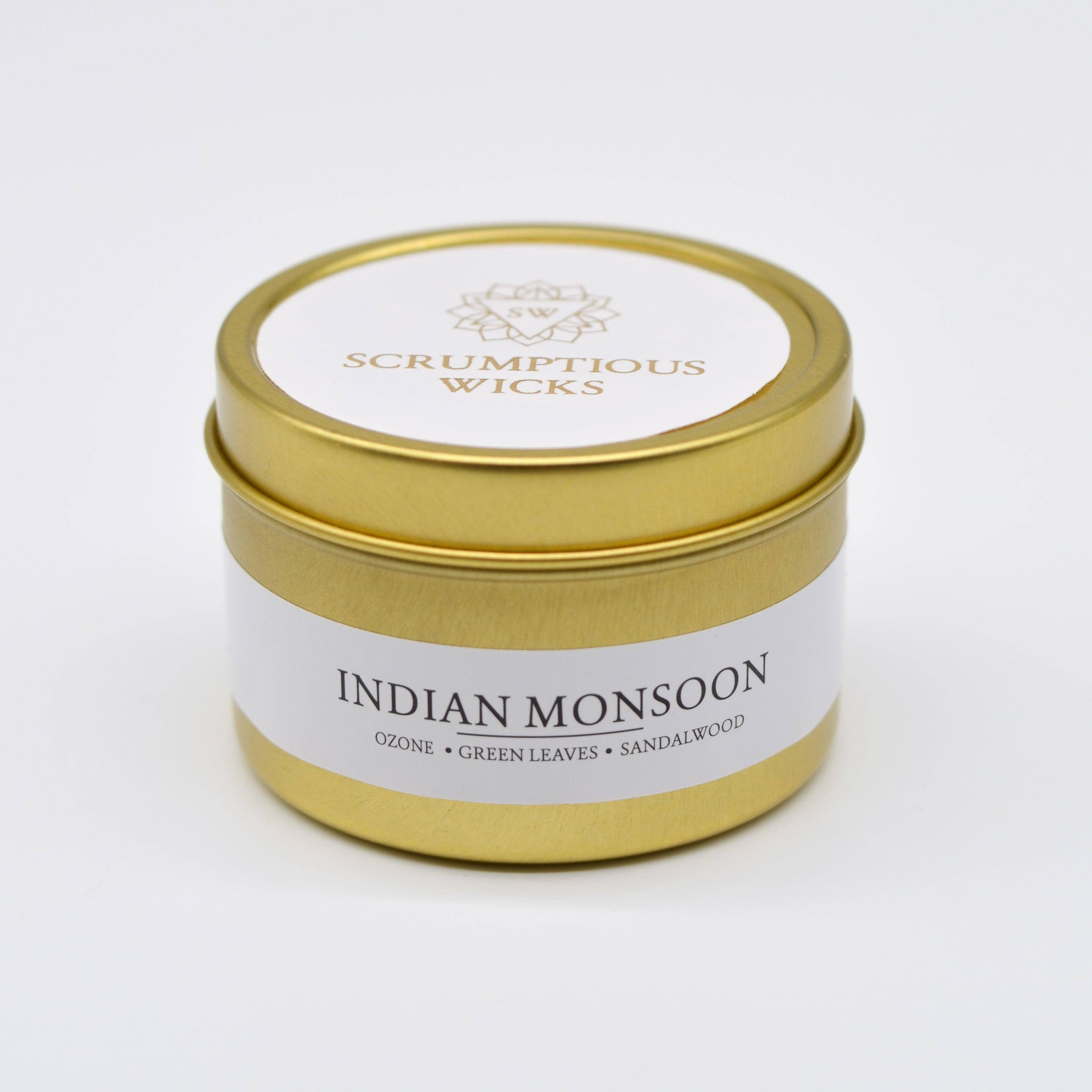 Scrumptious Wicks - Wholesale Jar/Filled Candle - Indian Monsoon 3.5oz soy/coconut wax gold tin candle