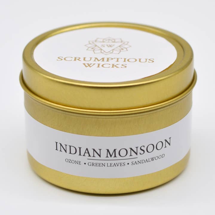 Indian Monsoon 3.5oz soy/coconut wax gold tin candle for wholesale by Scrumptious Wicks
