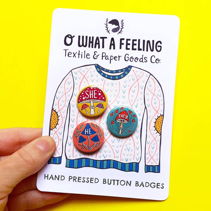 Mini 25mm Mushrooms Pronoun Pin Badges on Cute Display Card for wholesale by O What A Feeling | Textile & Paper Goods Co.