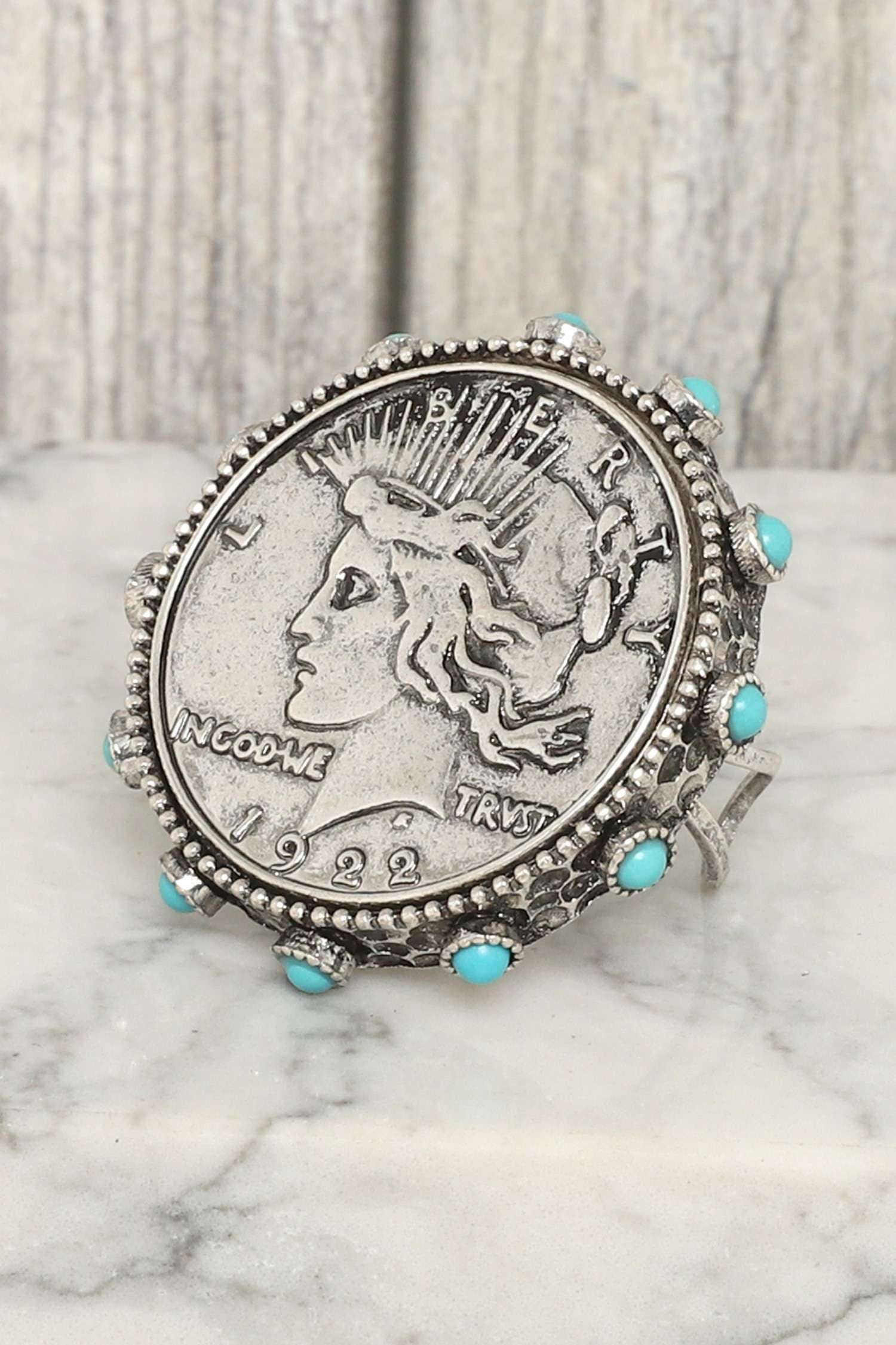 Sbtq WESTERN LIBERTY MÜNZE TÜRKIS MANSCHETTENRING R16148 für den Großhandel auf Faire0