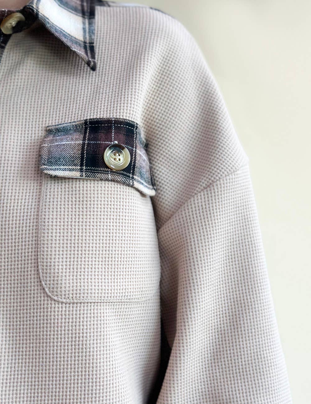 Sweetkama - Wholesale Button Down Shirt - Women's - Ladies Plaid Waffle Splice Botton Down Shirt 683213