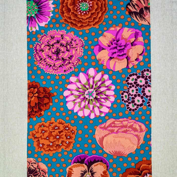 Salt Linen and Turquoise Urban Blooms Table Runner for wholesale by Mabel's Table Santa Fe