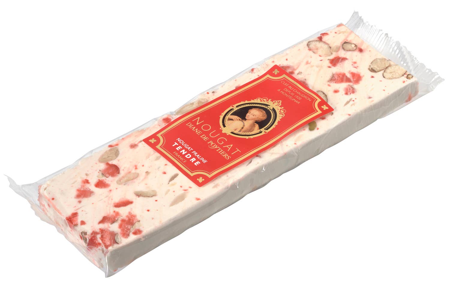 Nougat Diane De Poytiers - Wholesale Nougat - Nougat praline soft red 100 g bar on display0
