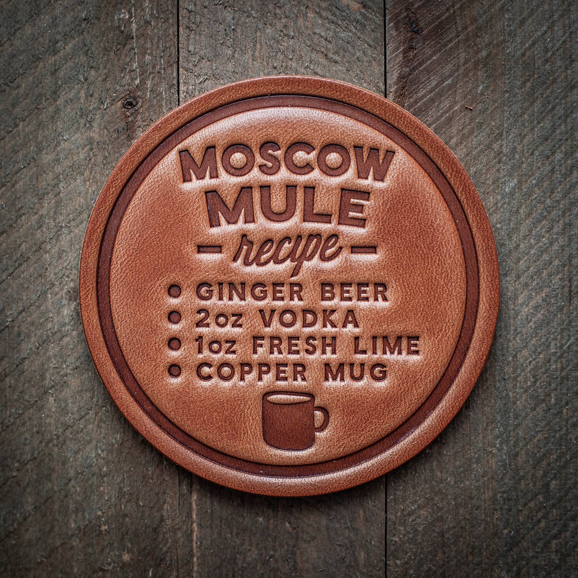 Sugarhouse Leather - Wholesale Coasters - Moscow Mule Recipe Leather Coaster