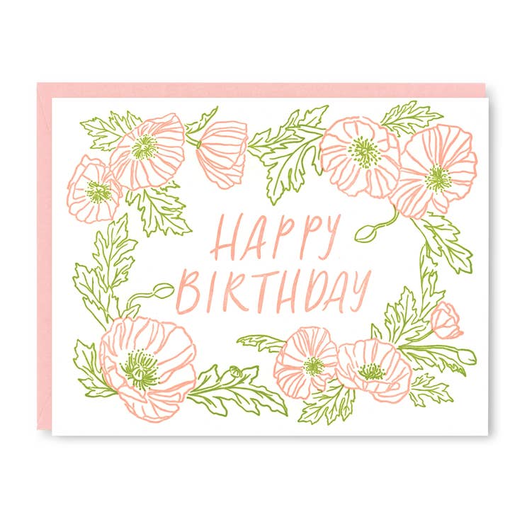 Tarjeta de cumpleaños con amapolas | Tarjeta de cumpleaños con tipografía para venta al por mayor de Kindred Letterpress