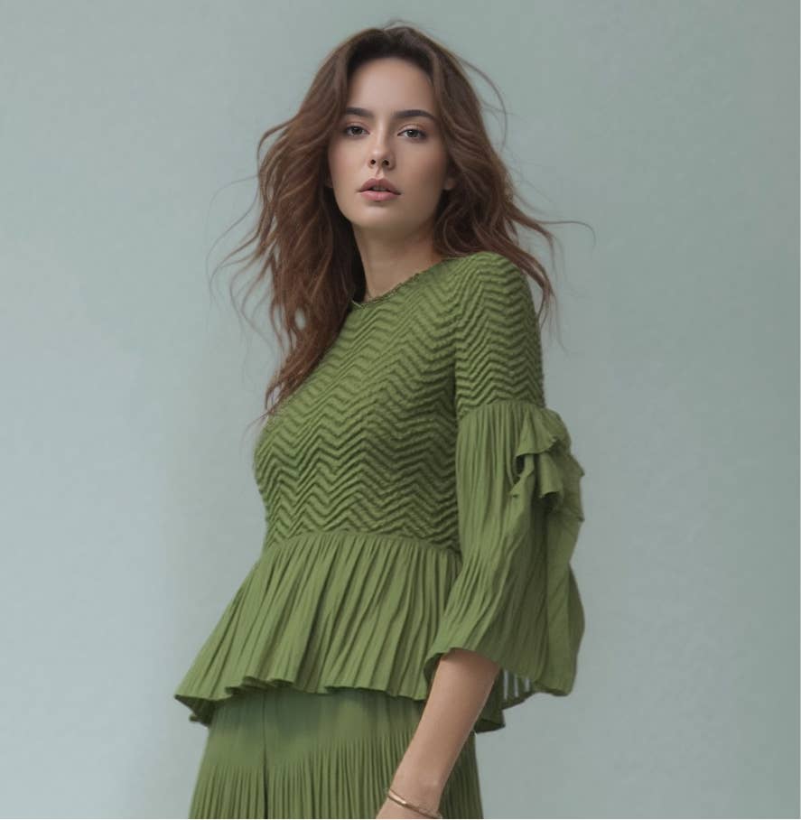 Black Pleated blouse top with flared sleeves & sweep (Green) for wholesale on Faire