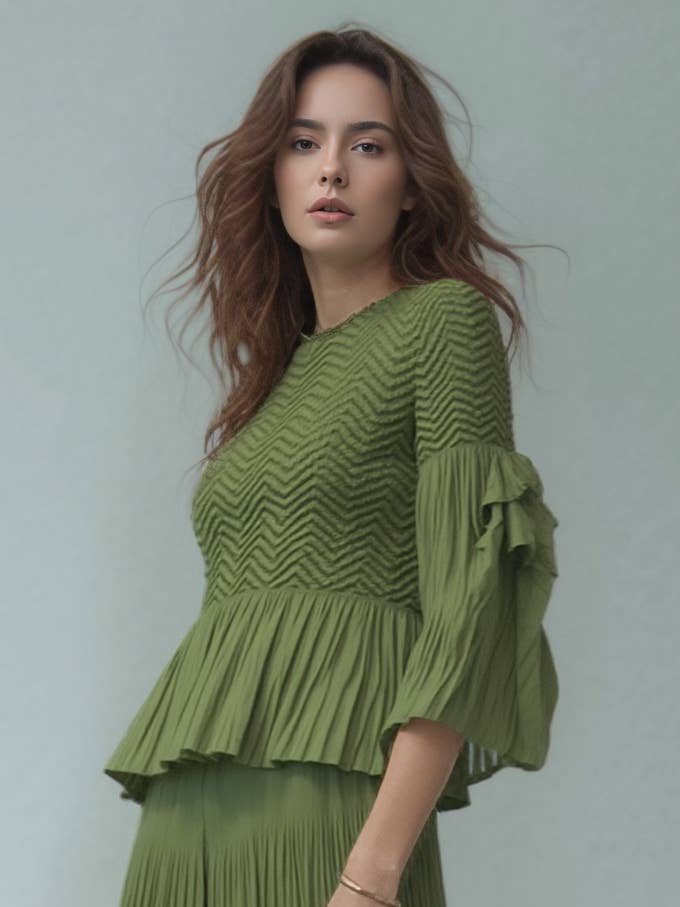 Black Pleated blouse top with flared sleeves & sweep (Green) for wholesale on Faire0
