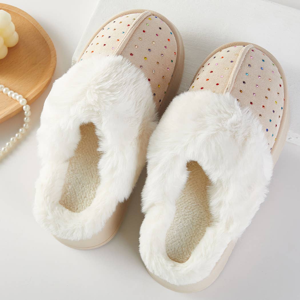 Fashion City - Wholesale Slippers - Women's - Sparkle Gemstone Faux Fur Lined Indoor Slippers0