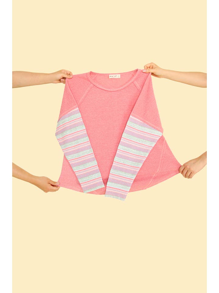 VERY J - Wholesale Knit Top - Women's - NT11706-Contrast Striped Sleeve Detail Casual Knit Top