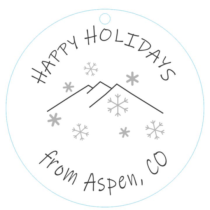 Ornament 3-inch Round Happy Holidays (Aspen, CO) for wholesale by Wordsmith Laser