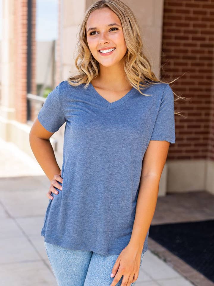 Cadet Blue V-Neck Tee for wholesale on Faire0