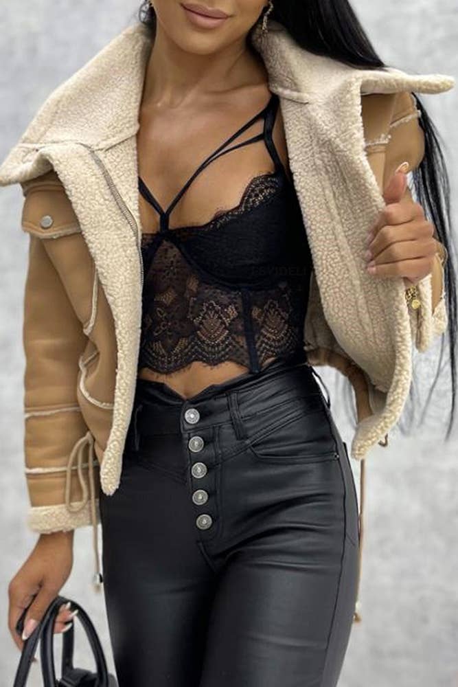 UNISHE - Vendita all'ingrosso Giacca in pelle - Donna - Giacca corta con cerniera in PU e sherpa YDL0174