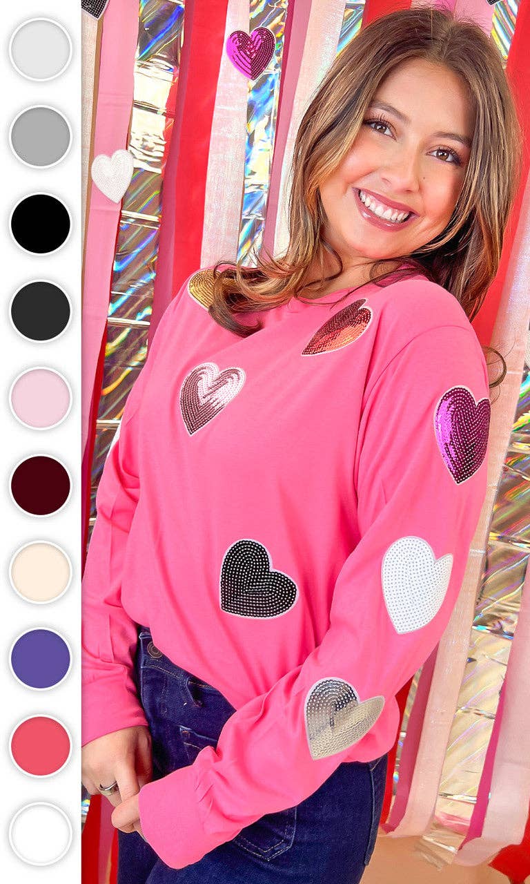 Sugar Stitch - Wholesale T-Shirt - Women's - Sparkle Sequin Valentine Heart Graphic Long Sleeve T-Shirt