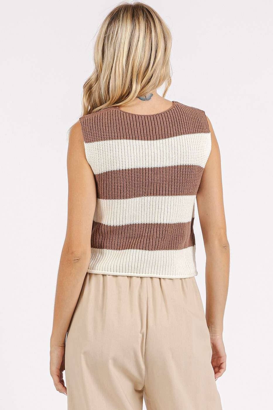mittoshop - Wholesale Sweater Vest - Women's - STRIPED V-NECK CROPPED SWEATER VEST TOP25