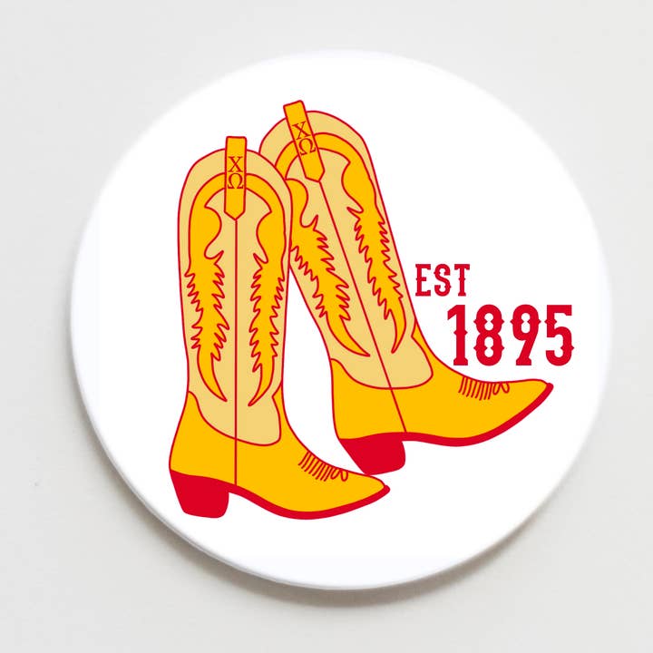Chi Omega Greek Boot Button (2.25 inch or 3.00 inch) for wholesale by Good Vibez Collegiate