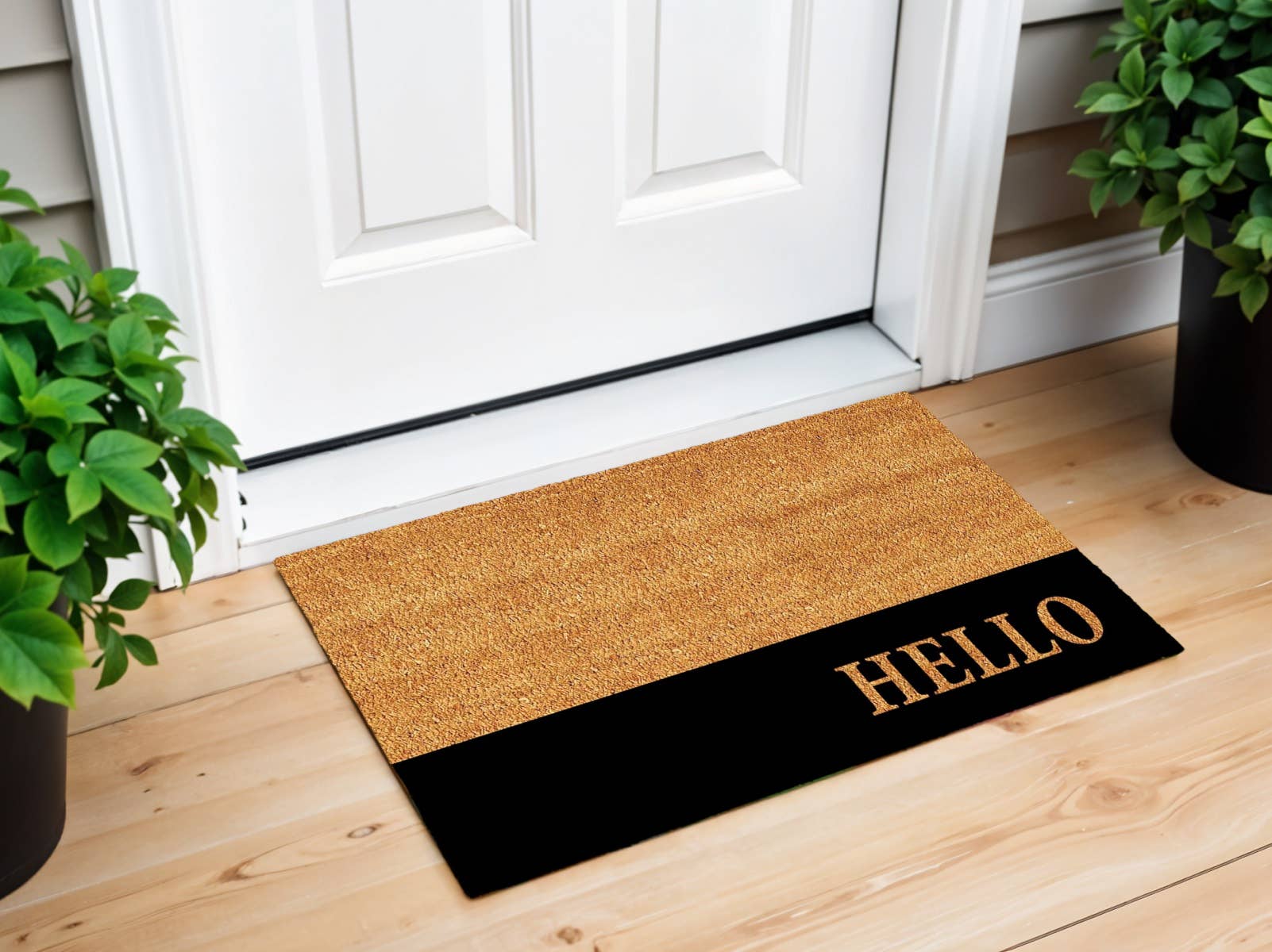 HomeRoots – wholesale Dörrmatta – 60 cm x 90 cm Naturlig och Svart Färgblock Hej Kokosfiber Dörrmatta0