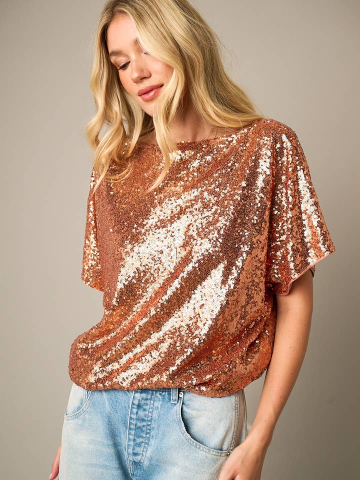SEQUIN SHORT SLEEVE ELASTIC BAND HEM TOP for wholesale by mittoshop