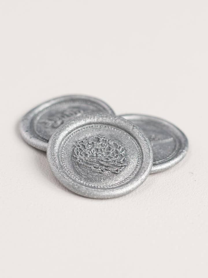 1" Silver Wax Seal Sticker - Florette Design for wholesale by Shine Wedding Invitations