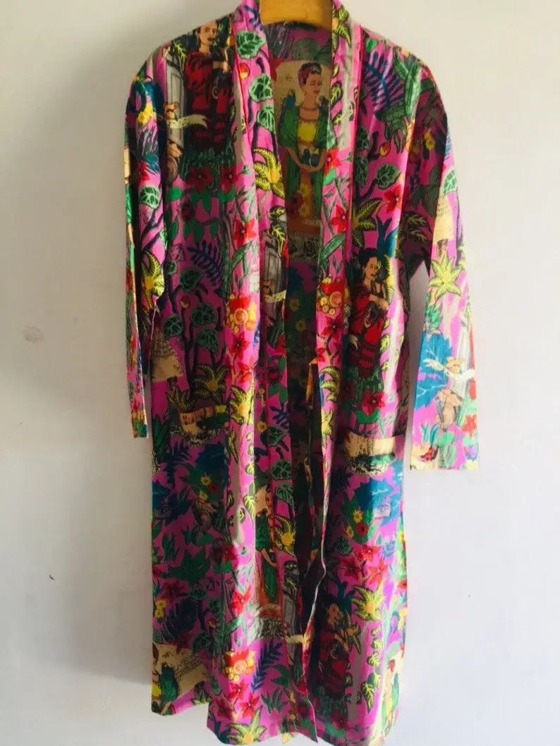 GYPSY STUDIO - Vente Peignoir – femme - Peignoir en coton imprimé Frida Kahlo - Kimono doux et luxueux8