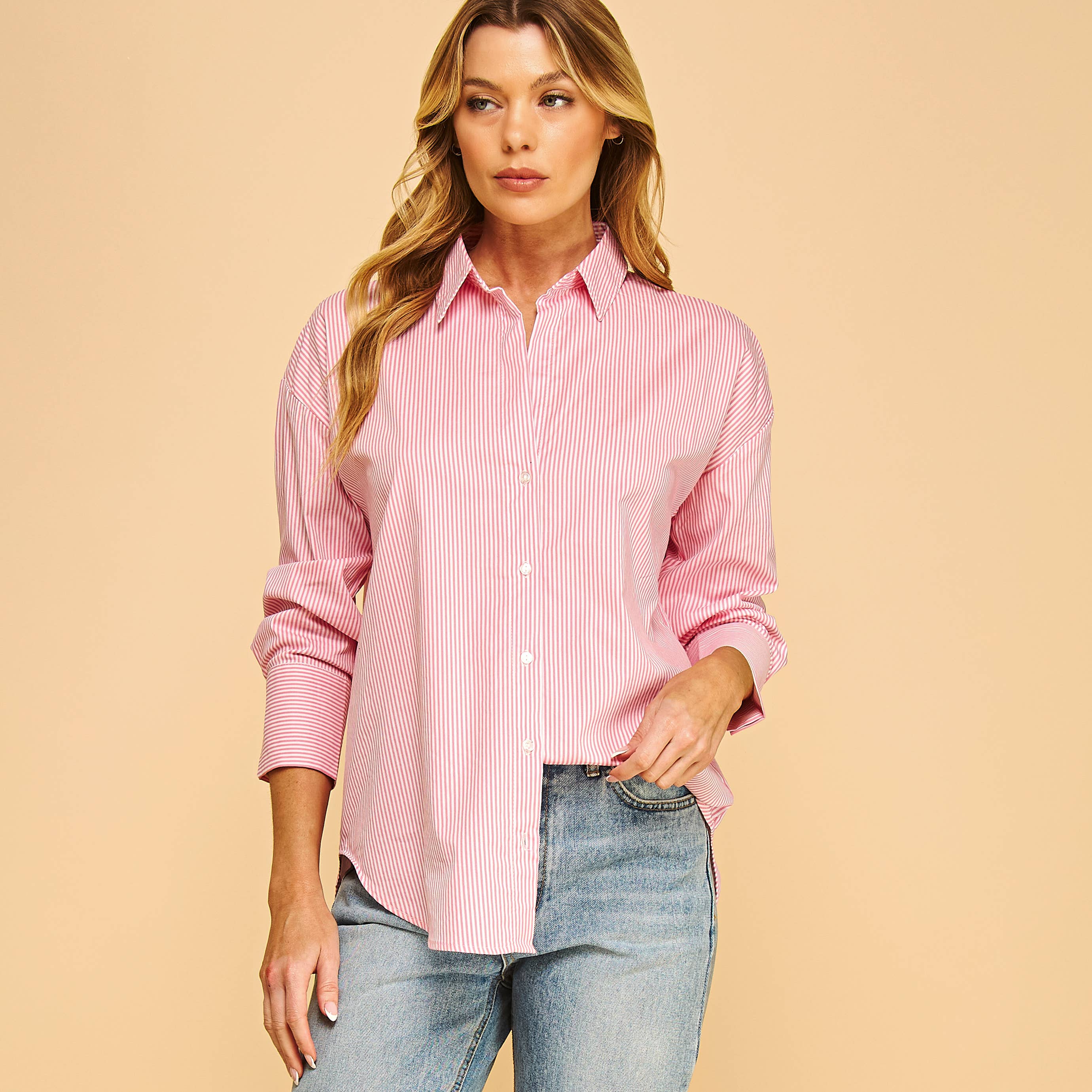 khaki PRINTED STRIPE POPLIN BUTTON DOWN SHIRT-F75687-1 for wholesale on Faire4