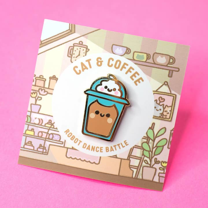 Épinglette en émail Iced Latte Coffee Cat pour la vente par Robot Dance Battle