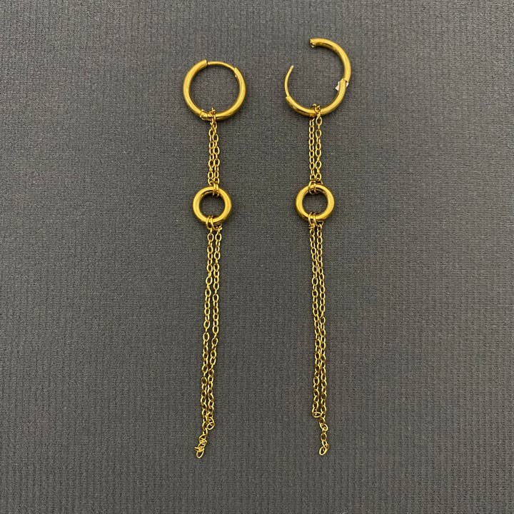 Mio Queena - Wholesale Huggie earrings - 18K Golden Chain Fringe SS Double Loop Huggie Earrings - FGS1