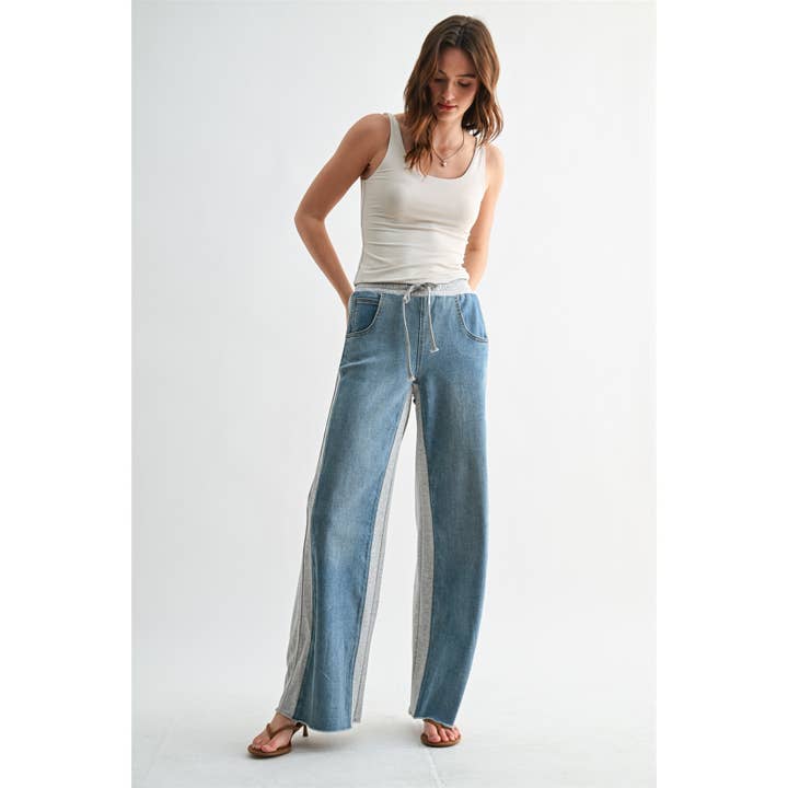 HIGH-RISE WIDE JOGGERS INDIGO PANELS for wholesale by Mica Denim