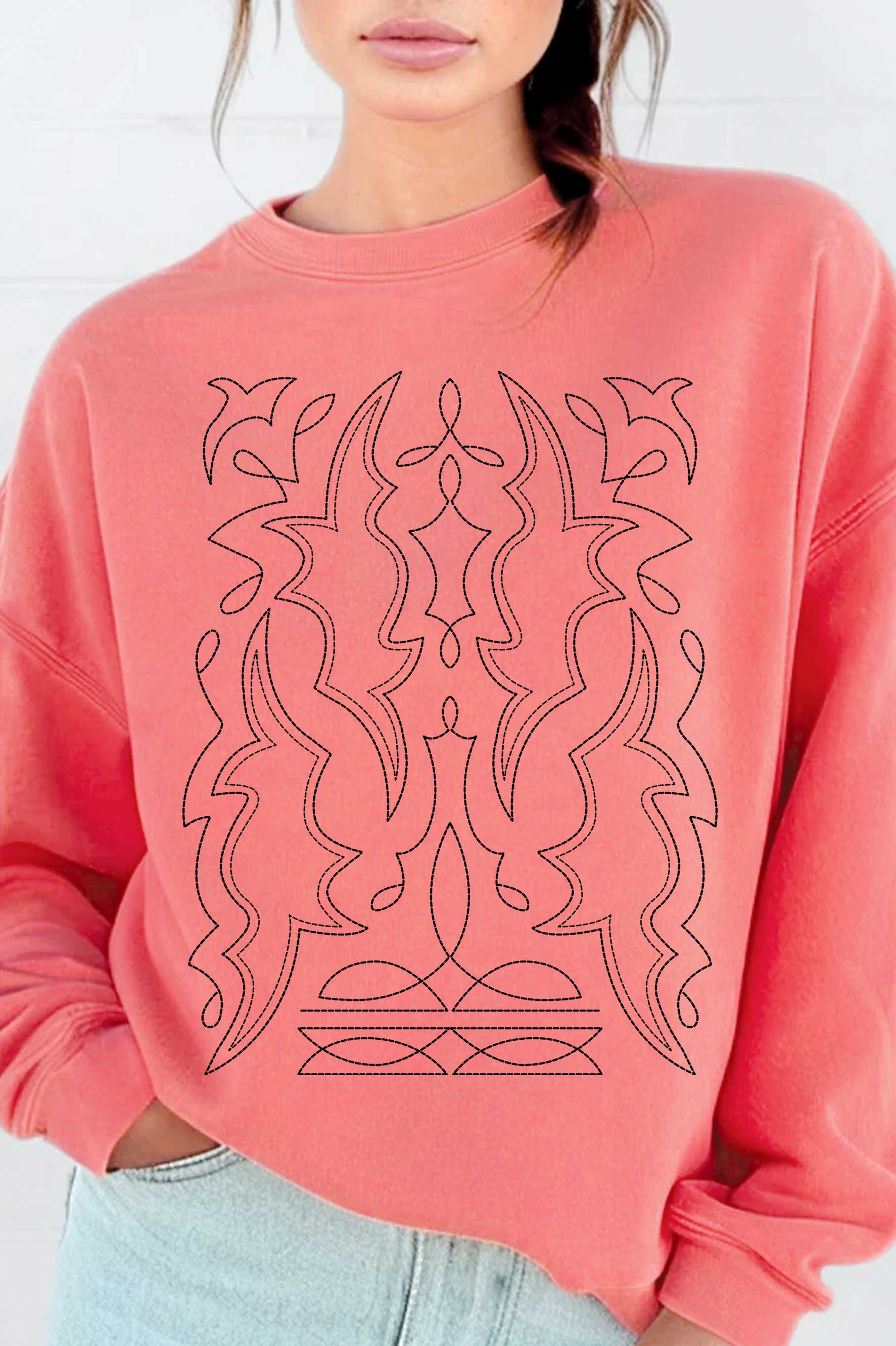 Rustee Clothing - Wholesale Graphic Sweatshirt - Women's - COWBOY BOOTS STITCH PATTERN PUFF GRAPHIC BRUSHED SWEATSHIRTS2