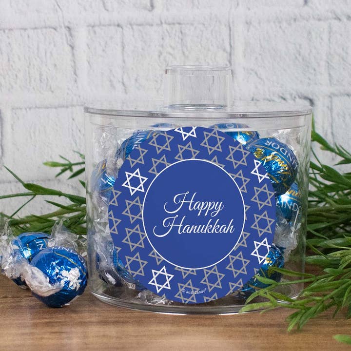 Hanukkah Canister with Blue Sea Salt Milk Chocolate Lindor Truffles - Happy Hanukkah for wholesale by Just Candy