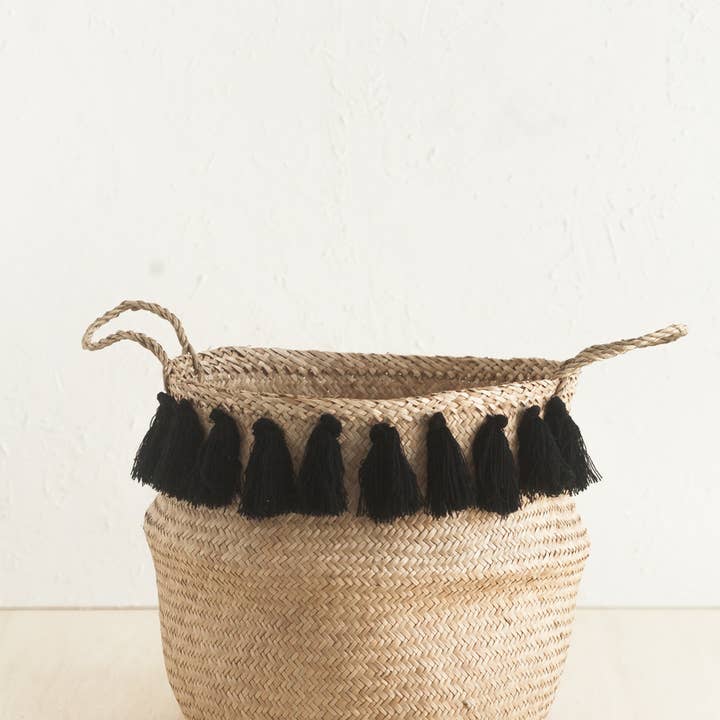 Acacia Creations - Wholesale Basket - Tasseled Seagrass Belly Basket - Black Large