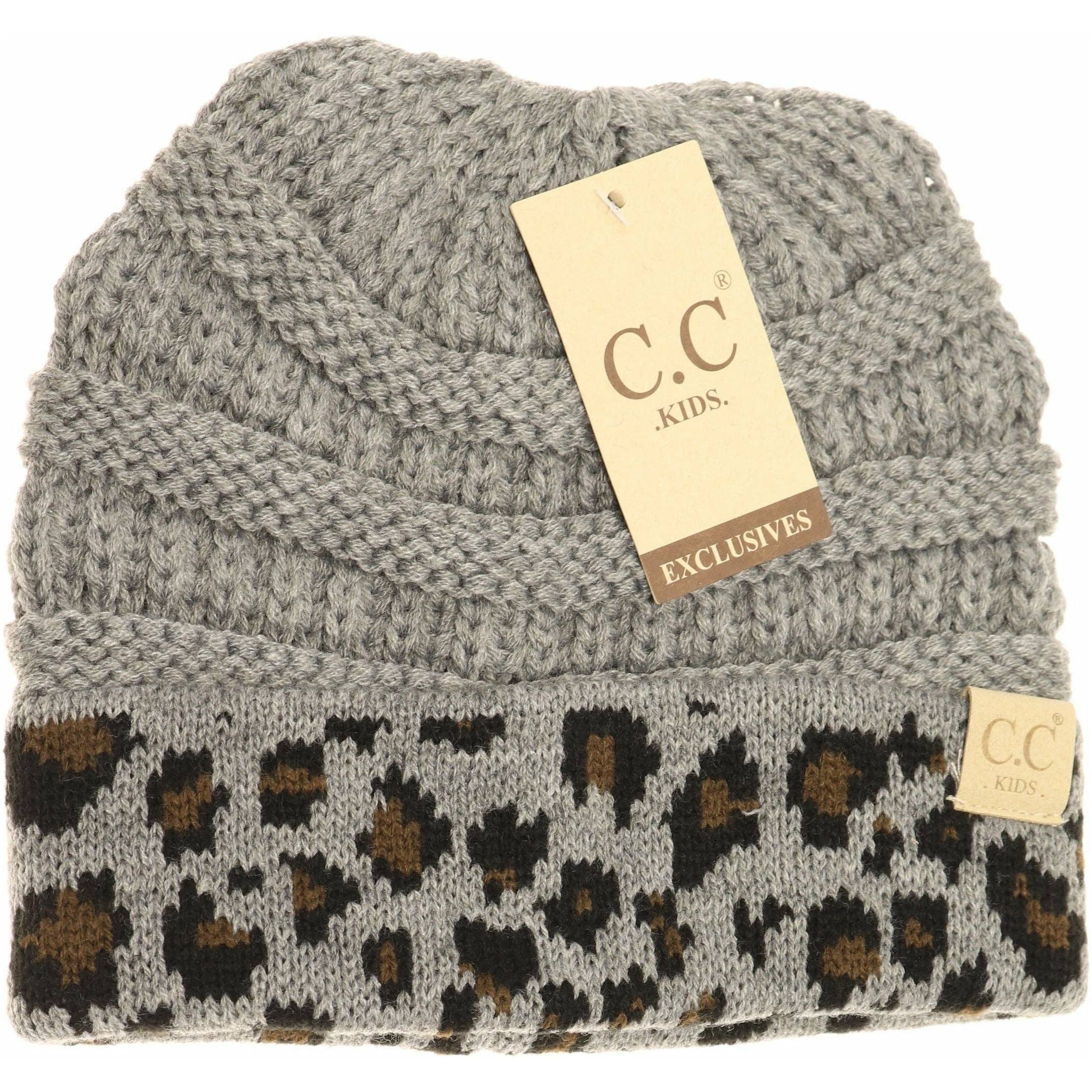 C.C Beanie - Wholesale Beanie - Kids - KIDS Matching Cuff Leopard Print CC Beanie KIDS802