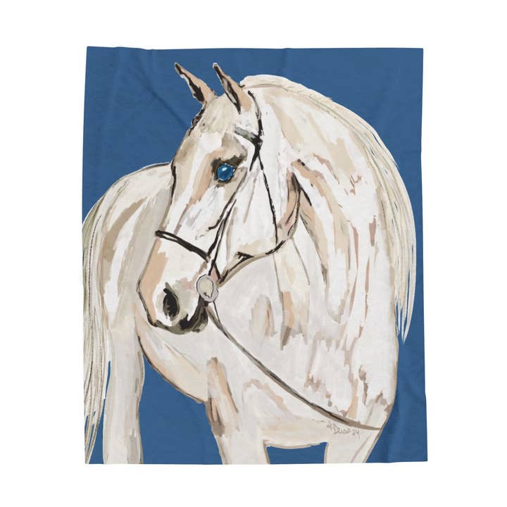 White Horse Velveteen Plush Blankets- Equine for wholesale by Blue Cava