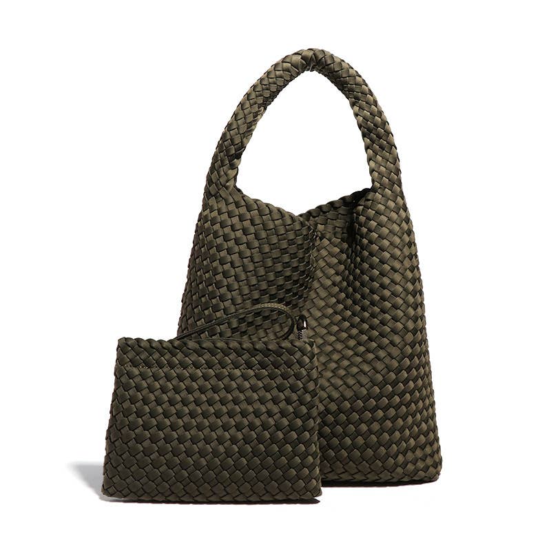 Sook Stainable – Großhandel Schultertasche – Damen – Mittelgroße Umhängetasche aus handgewebtem Neopren-Stoff und veganem Leder16