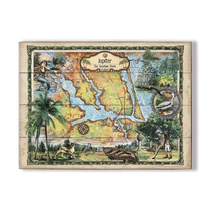 Jupiter, Florida: Illustrierte Karte - Wanddekoration für den Großhandel von Old Wood Signs