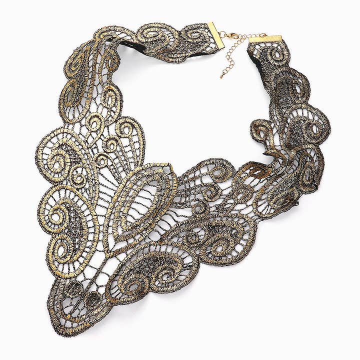 Diacly - Wholesale Bib Necklace - Gaudy Flower Lace Metallic Gold Clothing Necklace