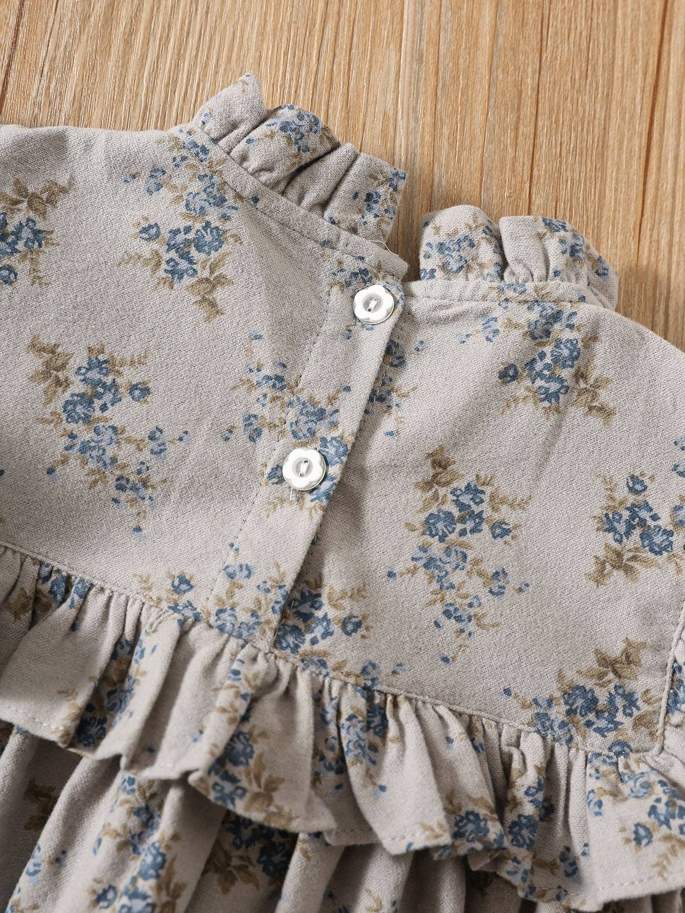 Grey Autumn Arrival Baby Kids Girls Floral Pattern Long Sleeves Ruffle Neck Dress for wholesale on Faire2