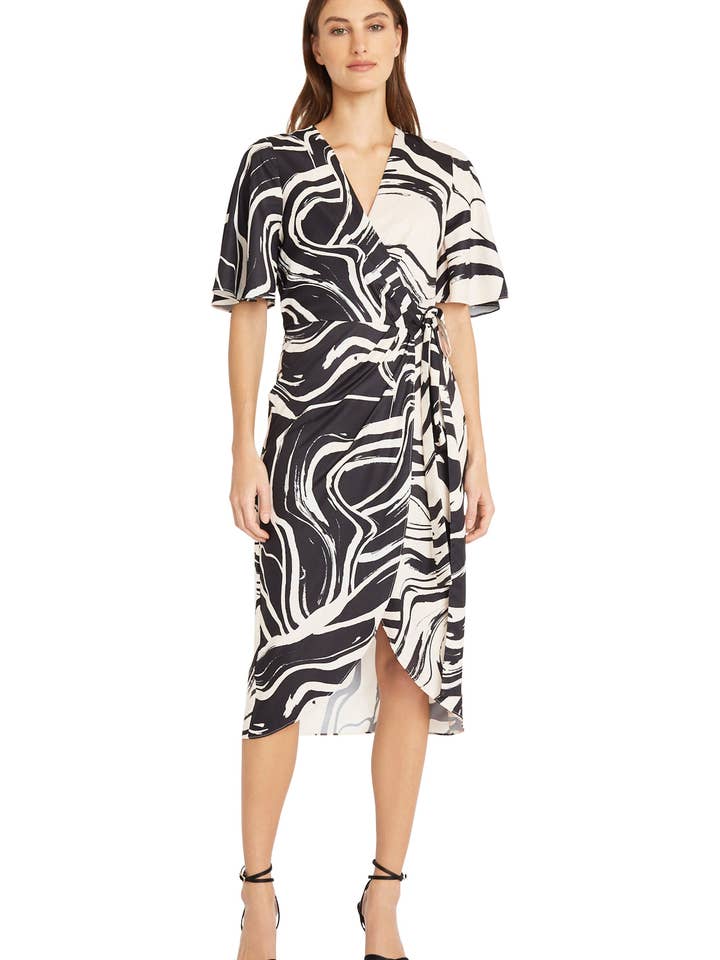 MIDI DRESS WITH FLUTTER SLV AND TIE WAIST for wholesale by Maggy London Group