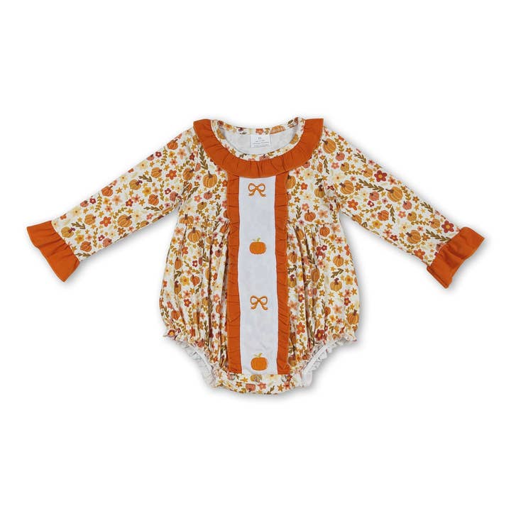 Long sleeves floral bow pumpkin baby girls fall romper for wholesale by Yawoo Garments