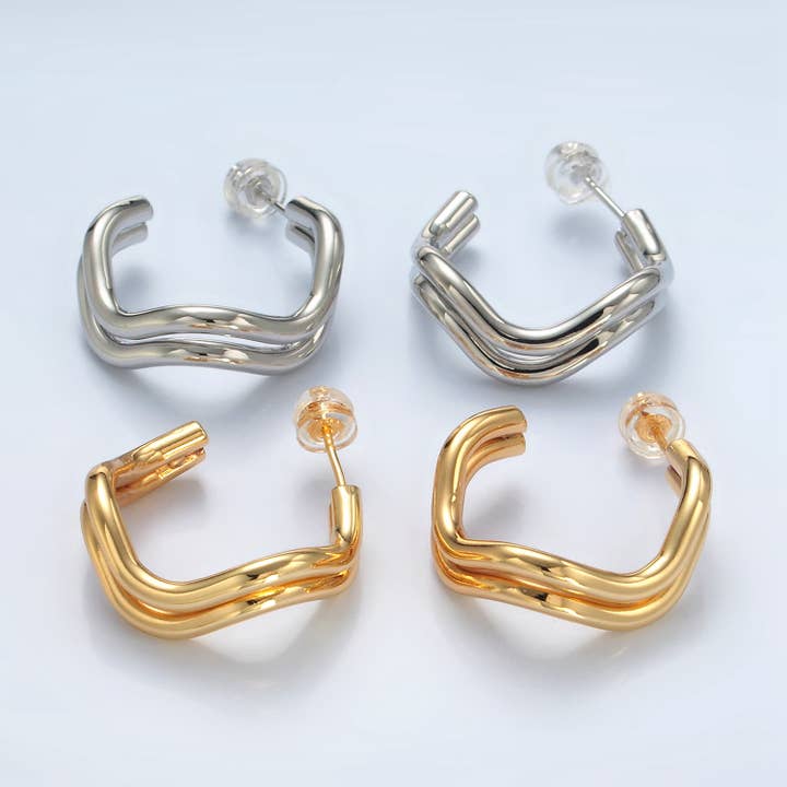 16k Gold Filled Geometric Double Band Hoops | P-528 P-529 for wholesale by Aim Eternal