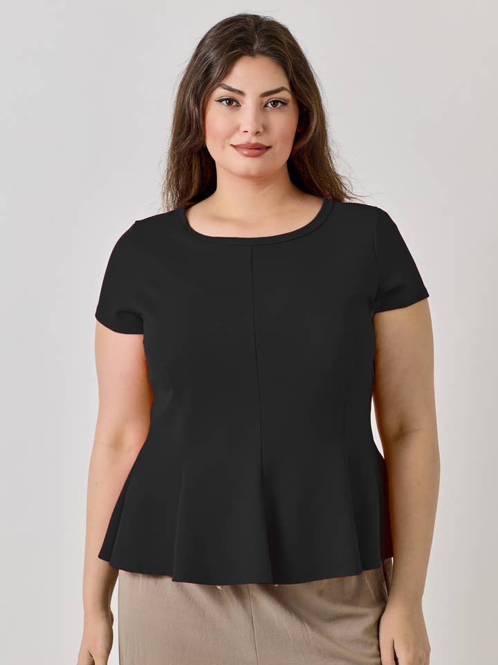 Plus Size Short Sleeve Scuba Crepe Peplum Top JK19021-T for wholesale by Haute Fox Plus Size & Contemporary