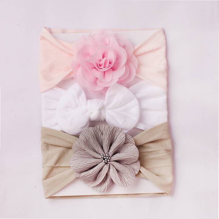 Little Chic Boutique – wholesale Hårrosett - Baby – 3 st Baby Bandana Set Rosett Blomma Hårband Grossist Babyaccessoarer V3824071000027