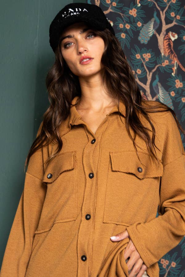 BUCKETLIST OUTLET - Wholesale Shirt Jacket/Shacket - Women's - T1320-4 OUTLET SALE Solid Rib Knit Oversized Shacket Shirt25