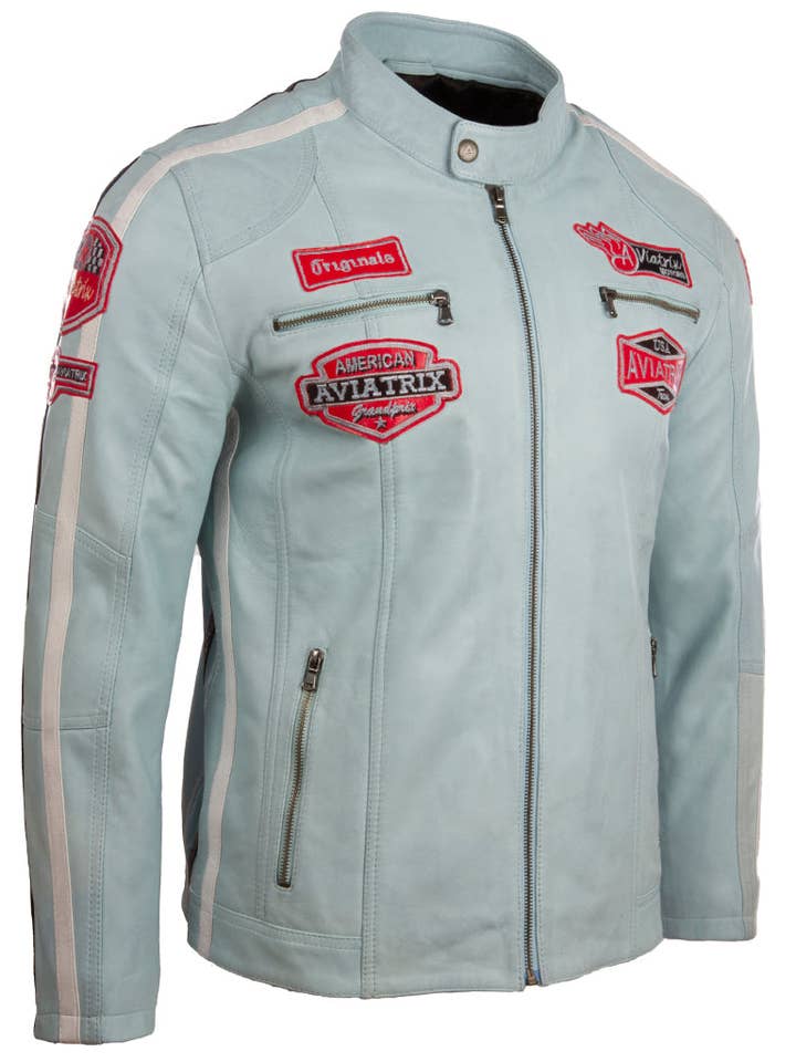 Aviatrix - Wholesale Leather Jacket - Men's - 0G2T Men's Racing Biker - Sky Blue