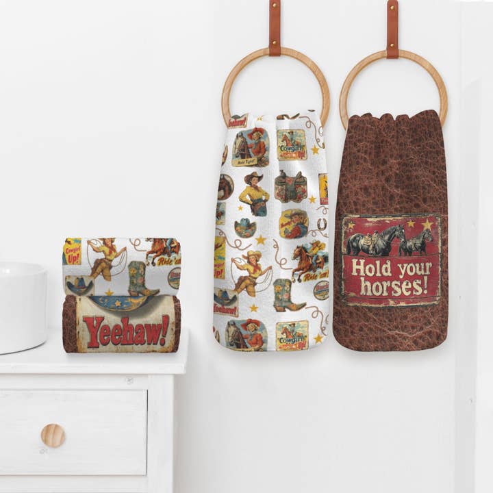 Vintage Cowgirls Set of 4 Kitchen Dish Towels Made in America for wholesale by BAHA RANCH WESTERN WEAR